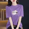 Nova Moda de Verão Versátil Nicho Camiseta de Algodão Puro de Manga Curta para Mulheres, Caimento Solto, Emagrecedor, Comprimento Médio, Top Estampado, Tendência