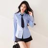 Camisa de Manga Larga Slim con Bolsillo Falso a Rayas Azules con Sentido del Diseño de Moda Coreana Nueva de Primavera 2025 para Mujer