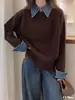 Suéter de Punto para Mujer con Cuello Polo Suelto, Mangas de Mezclilla Patchwork, Falso Dos Piezas, Nueva Moda Otoño/Invierno 2025