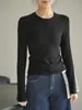 Camiseta Feminina Aksu de Algodão e Liocel, Gola Redonda, Manga Longa, Cor Sólida Elástica, Camisa Básica de Ombro Normal, Estilo Primavera para Mulheres