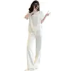 Traje Casual Deportivo de Algodón Imitación para Mujer Verano Adelgazante Reductor de Edad Moderno Manga Corta Pantalones de Pierna Ancha Dos Piezas Traje Estilo Occidental