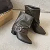 Botas de Cuero de Moda con Hebilla y Tacón Grueso, Botas de Media Caña que Aumentan la Altura para Mujer, Botas de Montar de Moda Otoñal con Punta Fina, Botas de Moda que Aumentan la Altura