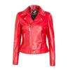 Chaqueta de Cuero para Motocicleta Roja Estilo Europeo y Americano para Mujer con Cremallera Diagonal, Cuello Solapa, Top Corto Versátil Casual Multibolsillos Ajustado