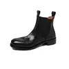 Botas Chelsea femininas de couro legítimo, com bico redondo, salto médio e design de calçar, perfeitas para o outono e inverno