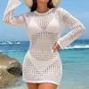 Estilo Nuevo Europeo y Americano Casual de Vacaciones Hueco Manga Larga Suéter Color Sólido Moda Camisa Protectora Solar Media Longitud Cubre-traje de Playa