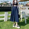 Falda de Mezclilla Azul Oscuro para Mujer 2025 Moderna Versátil Nueva Cintura Alta Adelgazante Versátil Plisada Línea A Midi