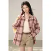 Camisa a cuadros rosa estilo Hong Kong para mujer, diseño holgado, top casual holgado de manga larga