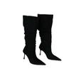 Botas Sexy de Camurça Apontadas Franzidas Estilo Francês 2024 Outono e Inverno Femininas com Fivela de Cinto Salto Agulha Fino Alto Botas Longas