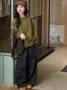 Nova coleção de outono para meninas: Conjunto de suéter tipo xale estilo coreano, calça xadrez larga e grossa, top de tricô com gola redonda