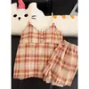 Pijama Cuadros Estilo Coreano para Mujer, Conjunto de Verano con Almohadillas en el Pecho y Tirantes, Ropa de Casa Sexy Estilo Puro Deseo, Adecuado para Usar como Ropa Exterior, Venta al por Mayor Transfronteriza