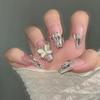Uñas Almendradas Portátiles, Uñas Largas Estilo Europeo y Americano, Estilo Dulce y Fresco, Arte de Uñas con Pedrería Estrella Cruzada Blanco y Negro, Puntas de Uñas Postizas, Pegatinas para Uñas