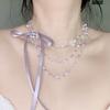 Série Menina de Ballet Colar Empilhado de Três Camadas com Miçangas e Laço Corrente Rosa Sonho Menina Roxo Azul