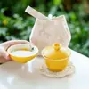 Taza de té de cerámica con esmalte amarillo huevo y forma de flor de rosa para una persona, Set de té para viaje y camping, Bolsa de almacenamiento portátil para exteriores
