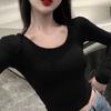 2025 Primavera e Verão Top Curto Umbigo Feminino Slim Sexy Camiseta Básica de Algodão de Cor Sólida de Manga Longa Roupa Feminina