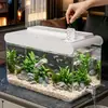 Fornecimento exclusivo transfronteiriço de pequenos aquários, conjunto completo com tampa, aquário ecológico transparente popular para desktop para uso doméstico, aquário de plástico para peixes dourados