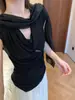 Blusa Feminina Doce Verão Estilo Francês Puro Desejo Chique Versátil Afinando Cintura com Amarração Gola Drapeada Manga Curta 80538