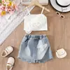Traje de Verano 2025 para Niñas, Estampado de Explosiones, Niños Pequeños y Medianos, Nuevo, Camiseta de Tirantes con Flor Tridimensional, Shorts de Mezclilla con Mariposa