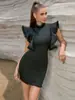 Saia Mini de Banda Elástica Preta Direto da Fábrica Pequena Gola Alta Franja Babado Slim Fit Justa ao Corpo Sexy Vestido de Festa