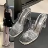 Zapatos de tacón alto transparentes talla extra para mujer, moda verano 2024, estilo nuevo, sandalias de tacón alto de una sola tira, tacones de cristal, sandalias de tacón grueso
