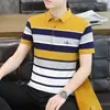 Nueva camisa polo de rayas para hombre de verano, manga corta, cuello camisero, casual de negocios, transpirable, absorbente de sudor, top de algodón para papás de mediana edad