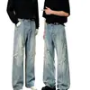 Jeans desgastados rotos estilo americano premium para hombre, otoño, pierna recta holgada, largo hasta el suelo, lavados, adelgazantes, pierna ancha