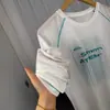 Camiseta masculina de verão nova, manga longa raglan, color block casual, gola redonda, estampa de linha inglesa, corte solto, versátil