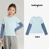 Camiseta Infantil de Dos Piezas Falsas Estilo Nuevo Primavera 2026 Pudding Haru Camiseta de Manga Larga para Niñas con Puños Rayados
