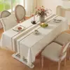 Toalha de Mesa Retangular, Estoque Disponível, Tecido Poliéster com Aparência de Linho com Faixa Central Tecida em Crochê e Borda de Franjas para Sala de Jantar, Festa e Decoração de Casa, Fornecimento Direto da Fábrica