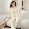 Pijama feminino de algodão imitação, conjunto de manga longa para primavera e outono, listras verticais, estampa de coração, borda franzida, cardigã com laço, roupa de casa