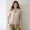 Camisa Polo Feminina de Manga Longa em Cashmere com Botões de Chifre Padrão Diamante Jacquard Estilo Casual Malha Versátil