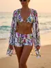 Traje de baño tipo salida de playa con protección solar de manga larga transfronterizo para mujer, conjunto de tres piezas con shorts tipo bóxer, traje de baño bikini adelgazante para vacaciones en la playa