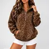 Moletom com Capuz e Zíper Meio Aberto Estilo Europeu Estampado de Leopardo 2026 para Mulheres, Outono Solto Casual Manga Longa Pulôver Top Roupa Externa