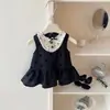 Doce Menina Estilo Coreano! Vestido Sem Manga com Bolinhas Estilo Francês para Meninas com Gola de Boneca Retrô, Novo Vestido Princesa de Verão para Meninas