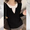 Top Coreano Suave de Punto Falso Dos Piezas con Cuello en V para Mujer Otoño e Invierno 2025 Camisa Base de Manga Larga