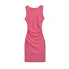 Vestido Midi Bodycon Ajustado al Cuerpo de Cuello Redondo sin Mangas con Pliegues Estilo Puro Deseo, Elástico Ajustado de Color Sólido para Mujeres