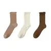 Calcetines de Encaje para Mujer, de Media Pantorrilla, para Primavera, Otoño e Invierno, Calcetines de Algodón, Estilo Lolita, Color Café, Zapatos Loafer JK, Zapatos Pequeños de Cuero, Calcetines Largos Blancos