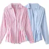 Moda feminina europeia e americana transfronteiriça, best-seller do AliExpress, camisa listrada patchwork da moda em rosa e azul claro