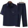 Traje de Dos Piezas de Verano para Papá, Camisa de Seda Helada de Manga Corta para Hombres de Mediana Edad y Mayores, Pantalones Largos Delgados, Conjunto de Abuelo