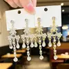 Aretes colgantes florales estilo francés, totalmente de diamantes con borlas, estilo corte vintage, largos, con forma de estrella, aretes brillantes de diamantes para uso formal y novias