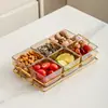 Prato de frutas de vidro de luxo leve, prato criativo dividido para lanches na sala de estar da casa, prato de lanches de frutas secas, prato de sobremesa, prato de frutas e doces
