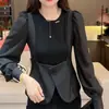 Blusas de Outono Novo Estilo Patchwork Emagrecedor Camisa Básica 2024 Camiseta de Manga Longa para Mulheres Moda Tendência Falso Duas Peças