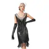 Dropshipping Novo Vestido Sexy de Gola V Feminino Europeu e Americano Anos 1920 Retro Lantejoula Franja Vestido de Banquete de Noite