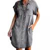 Estación independiente Amazon 2023 transfronterizo nuevo europeo y americano solapa manga corta corte ajustado vestido Vestido camisa de mezclilla mujer
