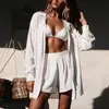 Conjunto de Cardigan Camisa Transparente de Cor Sólida Novo Estilo Europeu e Americano para Resort Transfronteiriço com Shorts Casual para Praia