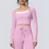 Estilo Europeu e Americano Cor Nude Color-Blocking Tecido Escovado Emagrecedor Corrida de Alta Intensidade Pilates Fitness Diário Roupa de Yoga Manga Longa para Mulheres