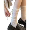 Saia Versátil de Verão com Laço Doce Estilo Coreano Meias Finas Brancas Estilo Ballet e Meias Vazadas para Panturrilha para Mulheres