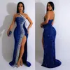 C6365 Transfronteiriço Aliexpress Amazon Moda Europeia e Americana Feminina Cor Sólida Strass Lantejoula Sem Mangas Vestido Longo