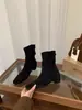 Botas de tacón alto de gamuza marrón con punta cuadrada y tacón de bloque, botas de moda para mujer, botas cortas de estilo francés ajustadas para otoño e invierno 2026