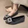 Zapatos de Salón de Punta Fina para Mujer, Zapatos Individuales de Lana de 4 cm con Hebilla Cuadrada, Aumentadores de Altura Estilo Francés, para Viajes al Trabajo, con Pedrería Negra