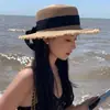 Sombrero de Sol Sombrero de Paja Nuevo Verano para Mujer Sombrero de Sol para la Playa con Lazo y Copa Plana Todo Fila Sombrero Pequeño para la Playa